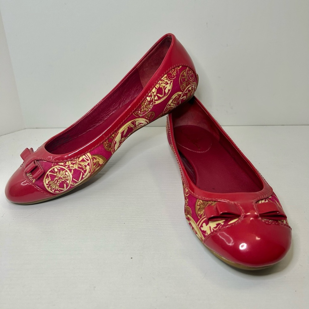 Cole Haan Red Patent Leather Chinese Print Bow Ballet Flat Size 6